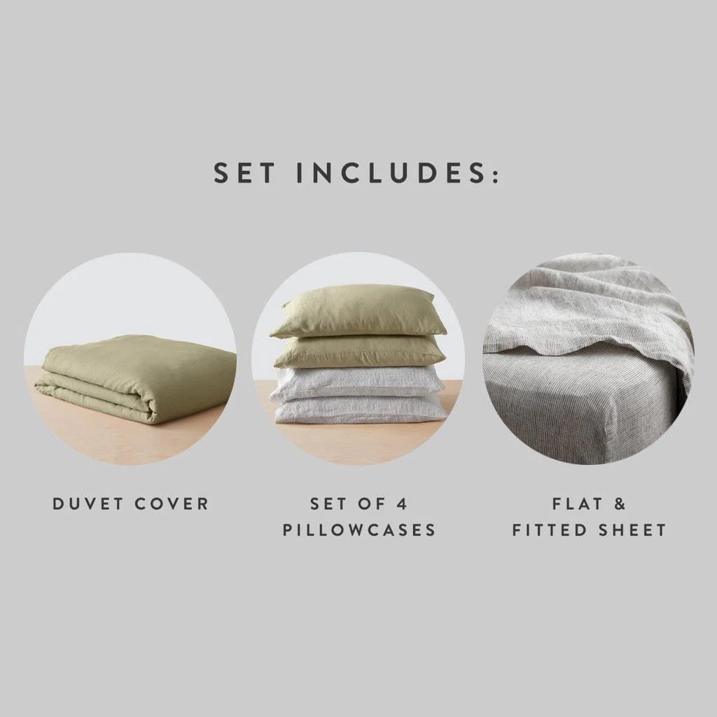 Stonewashed Linen Curated Bed Bundle - Sage/Graphite Stripe - Image 6